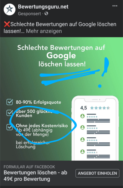 Screenshot. Anbieter, der für Löschung von schlechten Bewertungen auf Google wirbt.