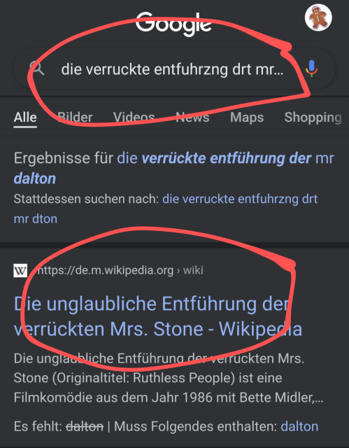 Screenshot: eine Sucheingabe bei Google mit erheblichen Rechtschreibfehlern und nur sinnverwandten Worten führt dennoch zum "richtigen" Ergebnis.