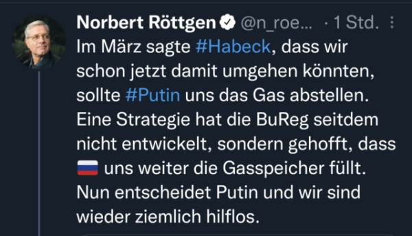 Mimi von Röttgen. Habeck habe keine Strategie für den Fall, dass Russland Gaslieferungen einstellt.