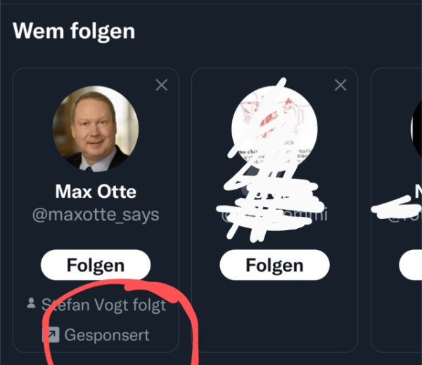 Screenshot. Max Otte (@maxotte_says) wirbt auf Twitter um Follower. Mindestens ein Vorschlag ist mit "gesponsert" markiert.